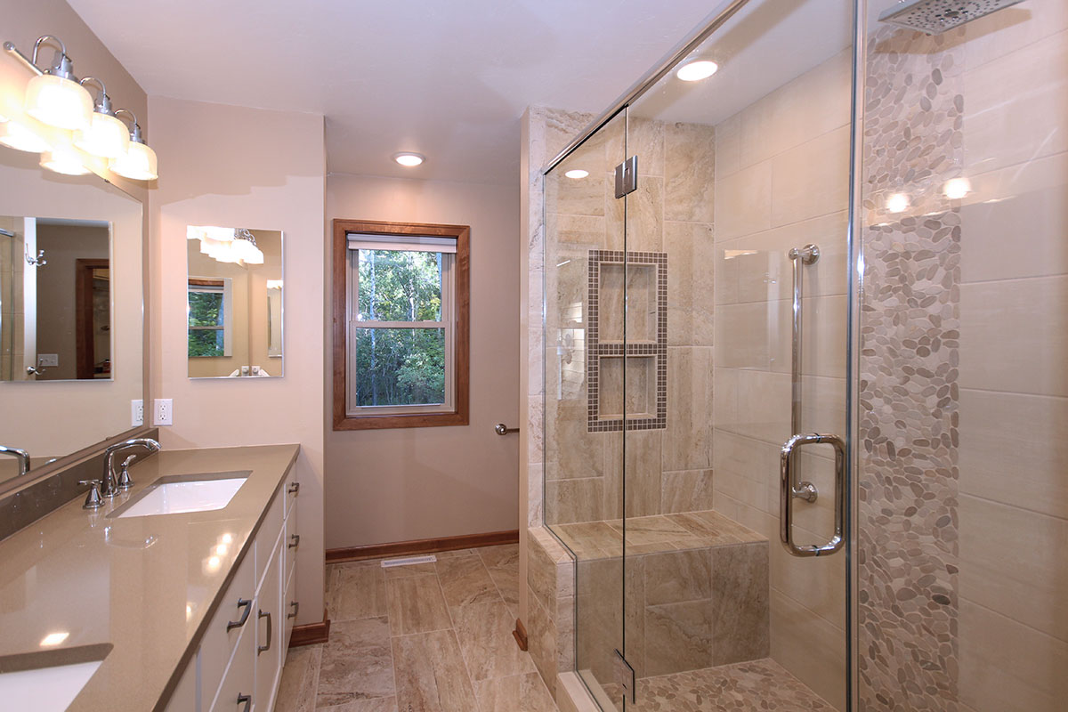Bathroom remodel project in Door County, WI. New custom-tiled shower