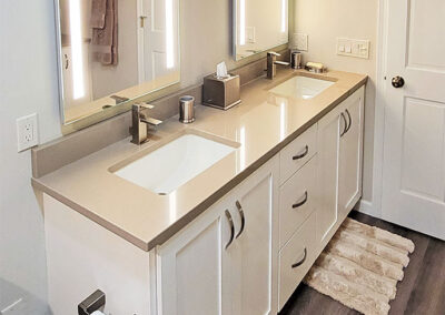 Bathroom remodel, custom-built vanity with dual sink.