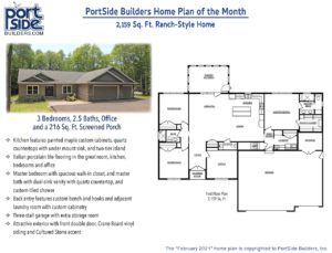 Home plan for 2,159 Sq. Ft. ranch style home, 3 bedrooms, 2.5 baths, office & screen porch. Custom built in Door County.