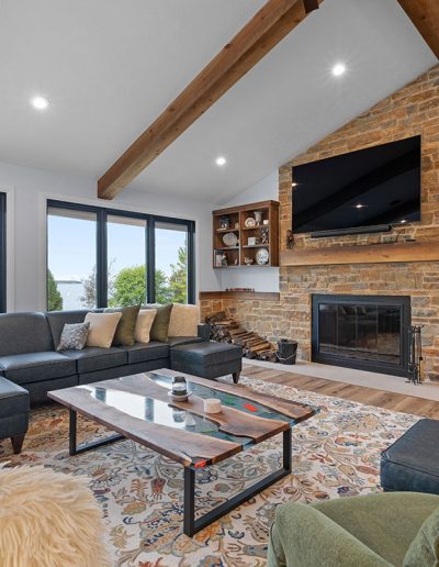 Stained Oak Cabinetry, Natural Stone Fireplace, Mixed Texture & Pattern Furniture