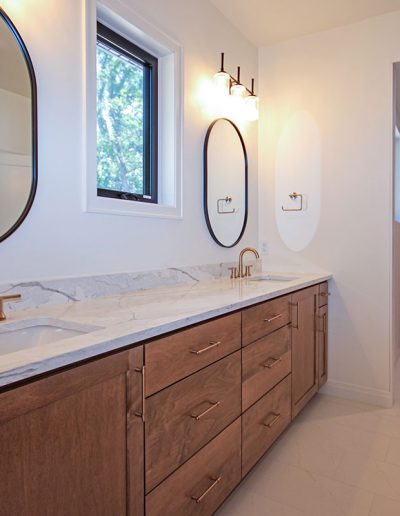 Quartz Countertop with Natural Veining, Shower with Wood-look Ceramic Tile